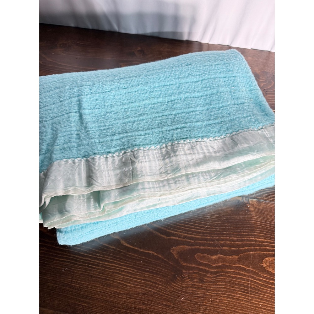 Vintage Aqua Blue Thermal Weave Blanket with Satin Trim Retro Waffle Knit